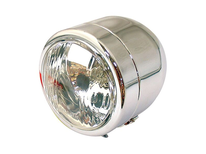 BIKE IT Universal Single Round Dominator Headlight Chrome Bottom Mount E-Marked Halogen-Bulb H4 12V 60/55W click to zoom image