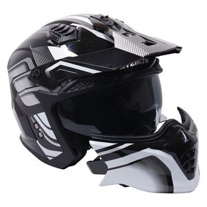 STEALTH Stealth Fighter Multi Function Motorcycle Full & Open Face Helmet Graphic Orbit Black & Silver Gloss click to zoom image