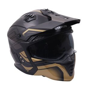 STEALTH Stealth Fighter Multi Function Motorcycle Full & Open Face Helmet Graphic Orbit Black & Gold Matt click to zoom image