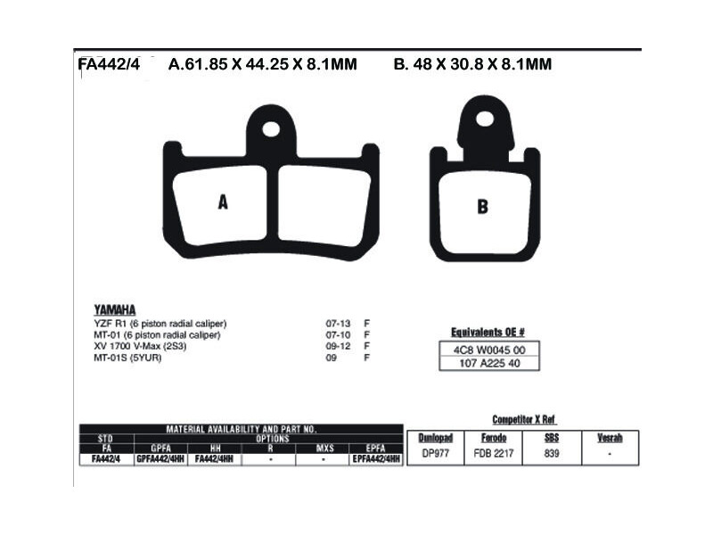 EBC BRAKES Brake Pads EPFA442/4HH (4 Pcs Per Set) click to zoom image